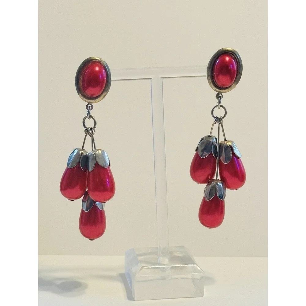 Flashy Earrings VTG Dangle Pink Magenta‎ Beaded Waterfall Statement Retro 70s